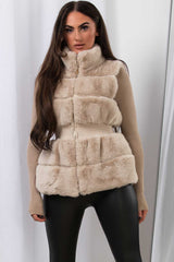 womens beige faux fur gilet with gathered waist