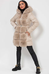 beige puffer padded long coat with faux fur hood and trim