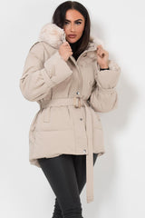 womens padded puffer jacket with faux fur hood