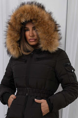puffer jacket with belt and fur hood womens