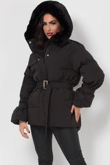 womens padded puffer coat with fur hood