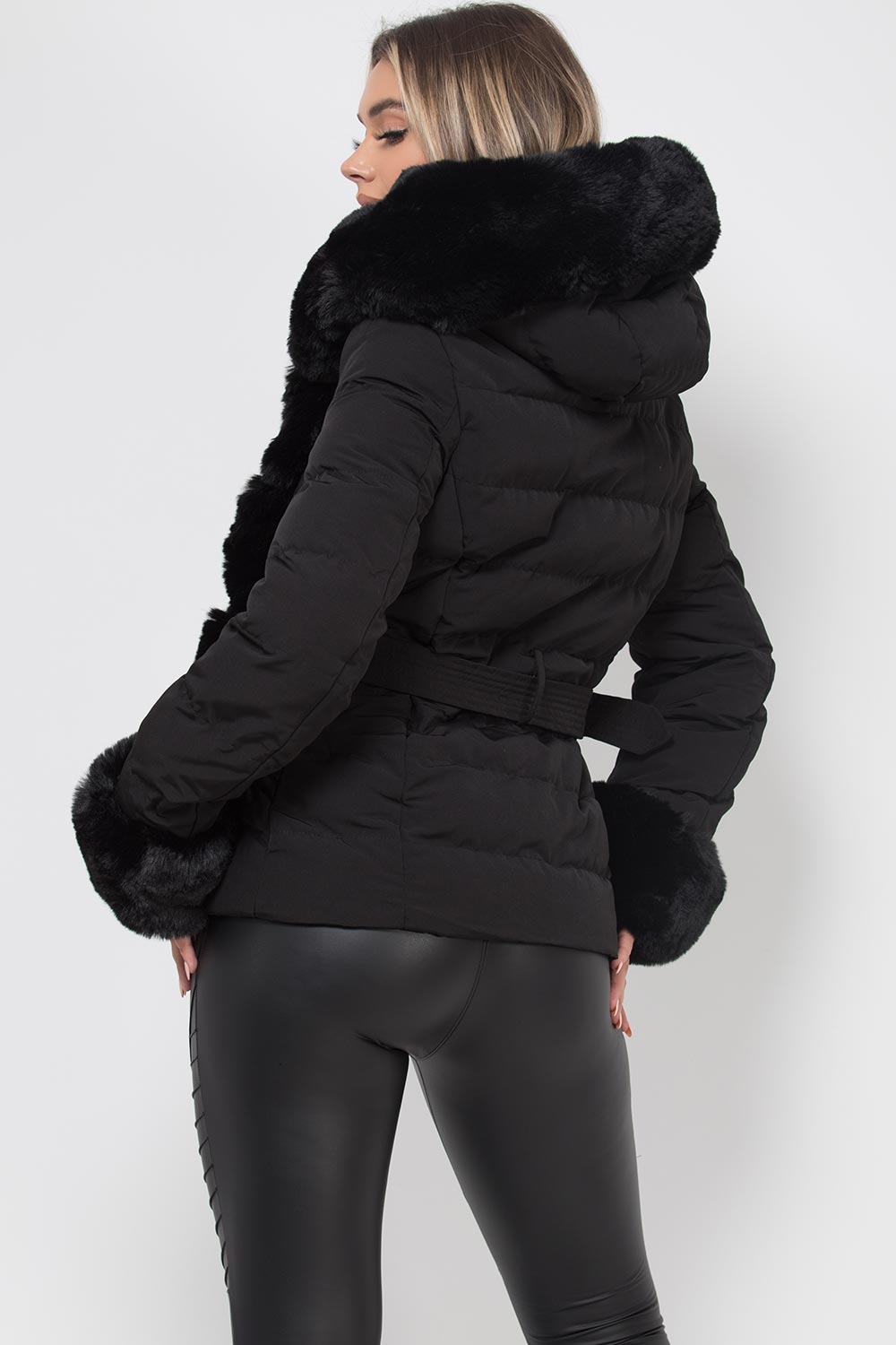 faux fur hooded padded puffer jacket with belt