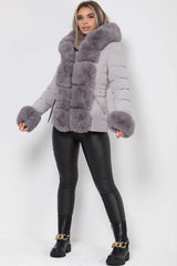 puffer jacket with faux fur hood and cuff grey
