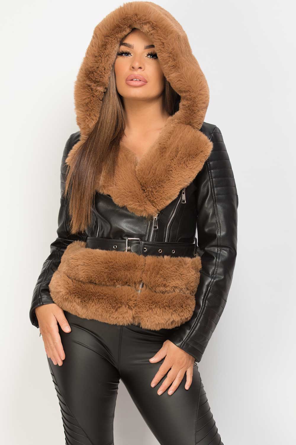 faux fur hooded pu leather belted jacket black 