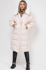 long puffer jacket with faux fur hood