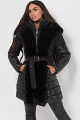 puffer coat with faux fur hood and trim black