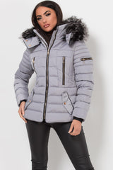 womens grey puffer jacket with faux fur hood