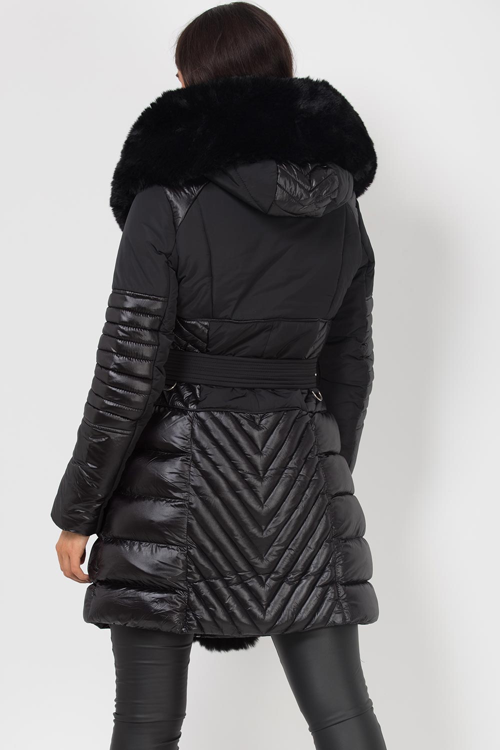 luxury faux fur hood and trim puffer coat black