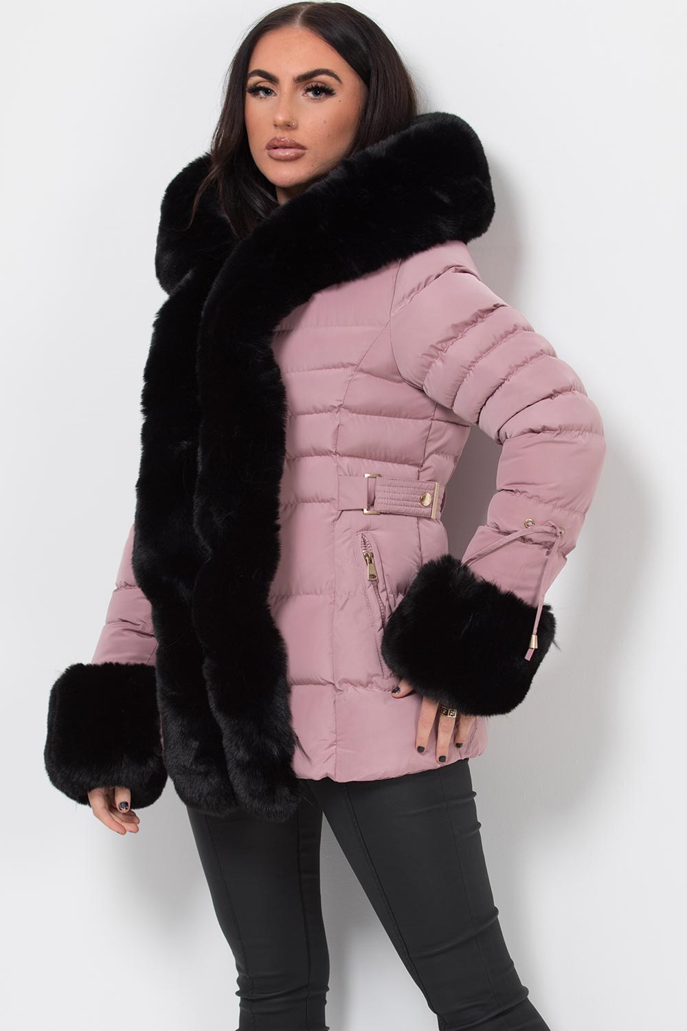 faux fur hood puffer coat pink
