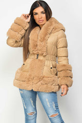 faux fur trim puffer down jacket camel