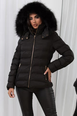 Black Puffer Padded Jacket With Faux Fur Hood