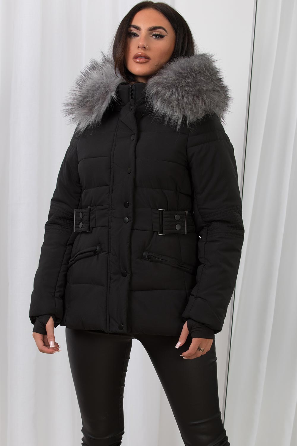 womens puffer jacket with faux fur hood and belt