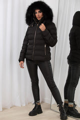 Black Puffer Padded Jacket With Faux Fur Hood