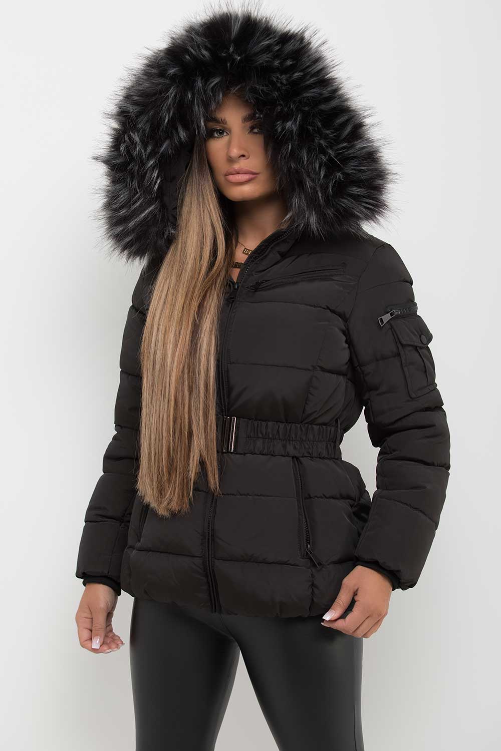 faux fur hooded coat with belt