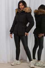 fur hooded belted puffer jacket womens