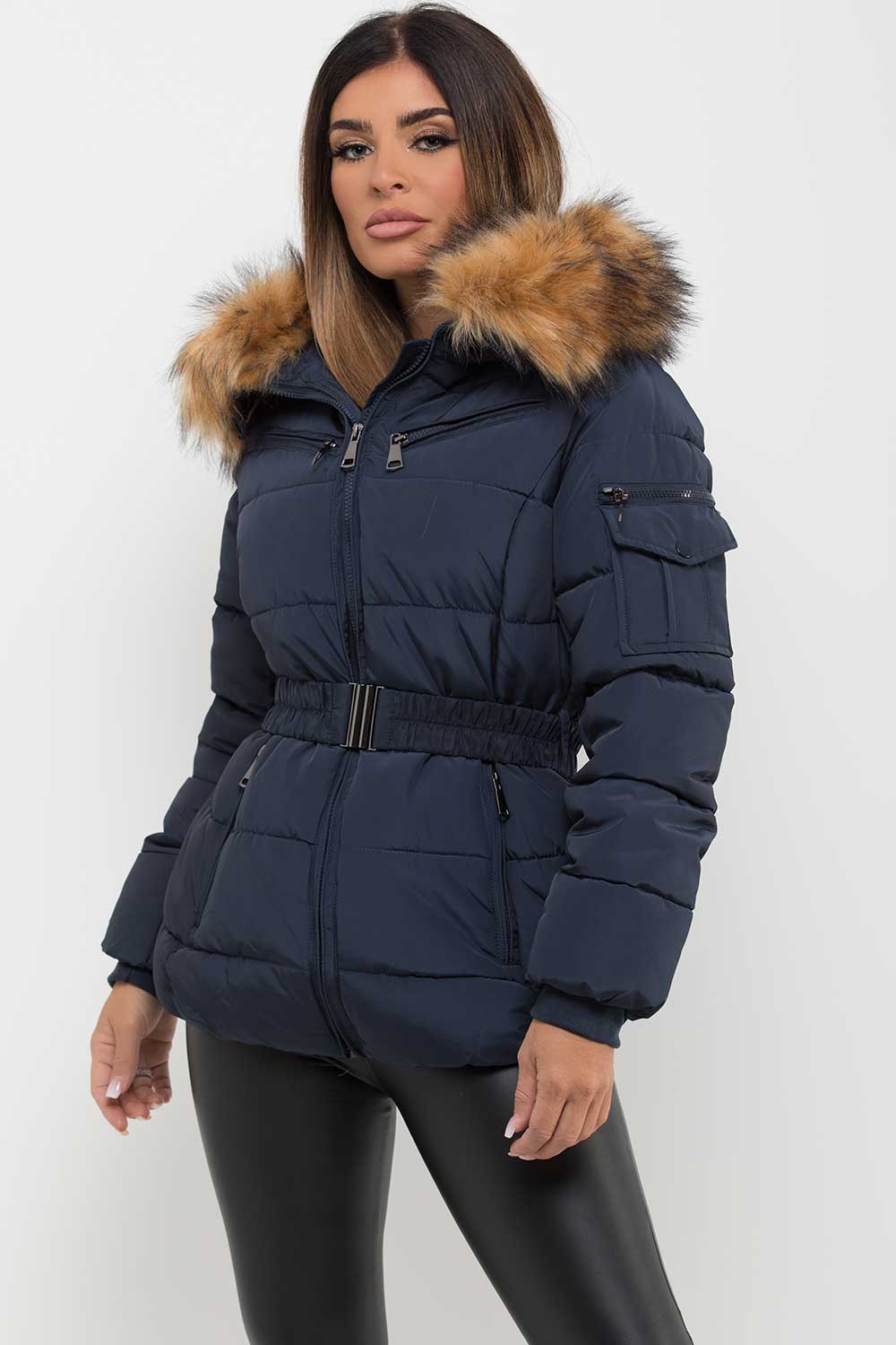 faux fur hooded belted padded puffer coat womens