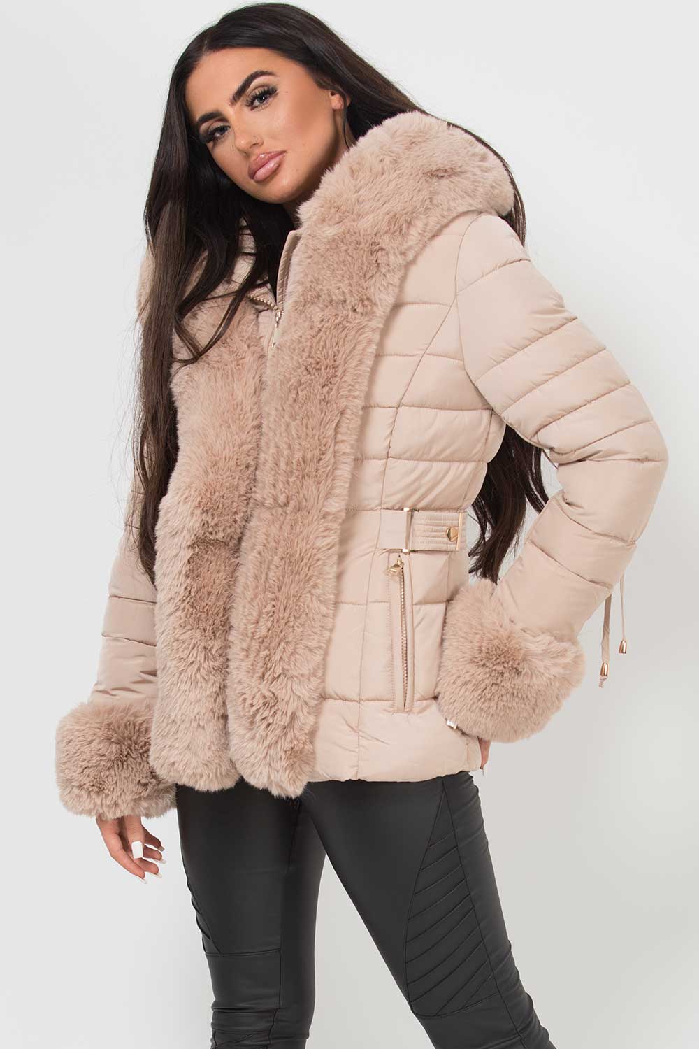 down coat with faux fur hood and cuffs