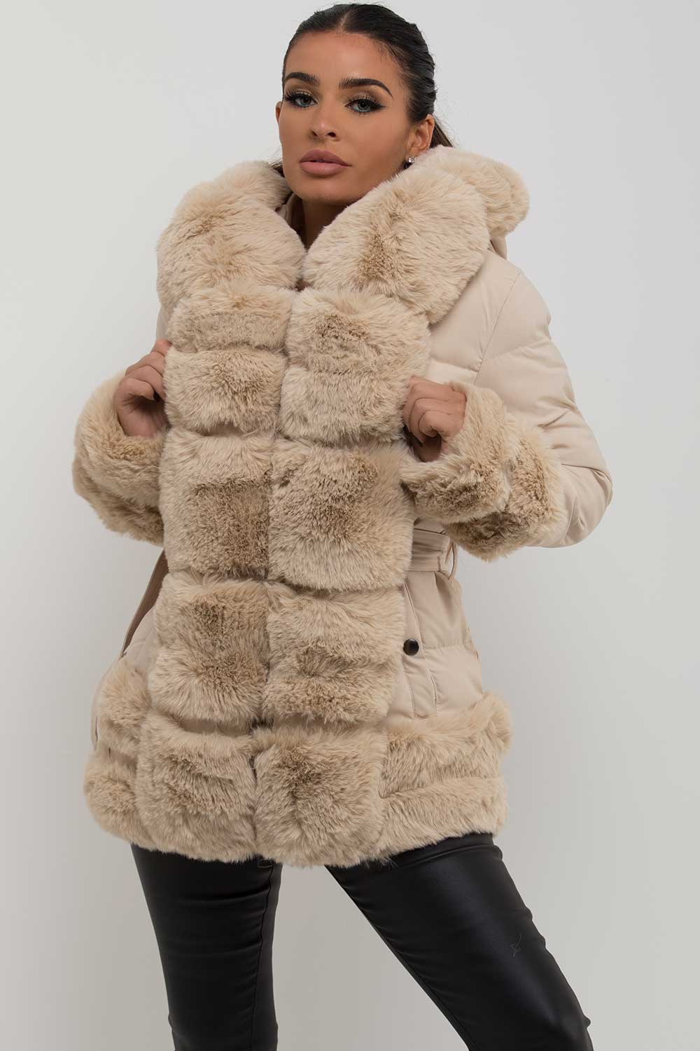 puffer jacket with fur hood cuff and trim uk womens