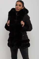 black puffer jacket with fur hood cuff and trim