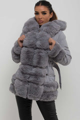 fur hood cuff and trim puffer padded jacket with belt womens
