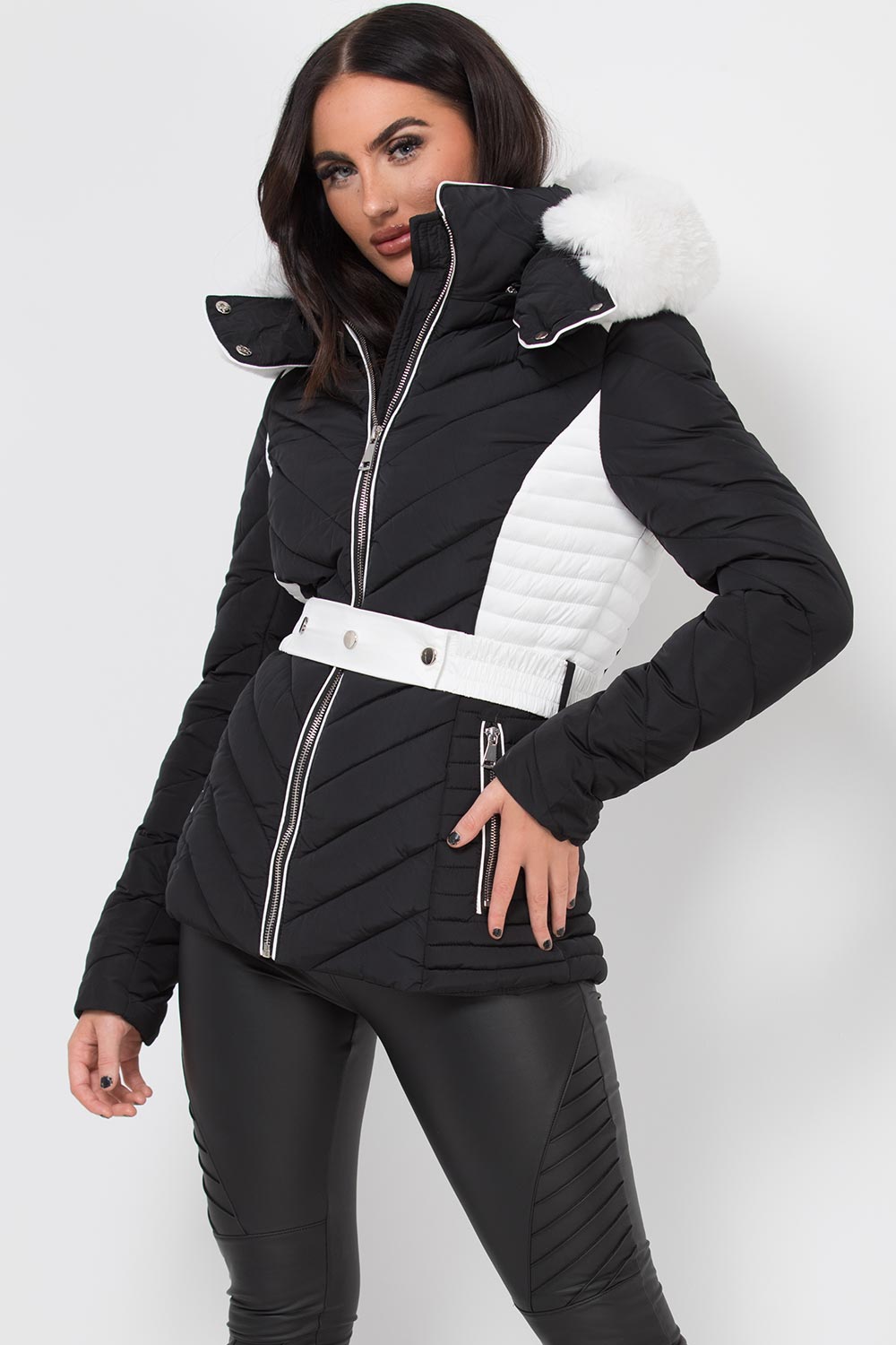 womens puffer jacket with fur hood black and white