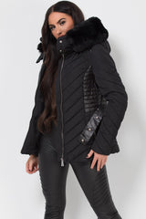 black faux fur hood puffer jacket