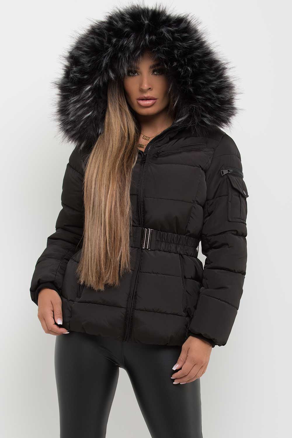 Womens Faux Fur Hooded Jacket With Belt – Styledup.co.uk
