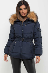 padded puffer belted jacket with fur hood navy womens