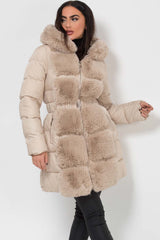 padded puffer jacket with faux fur hood and trim