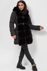 long puffer down coat with faux fur hood and trim