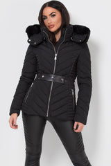 faux fur hood quilted padded puffer jacket with belt womens 