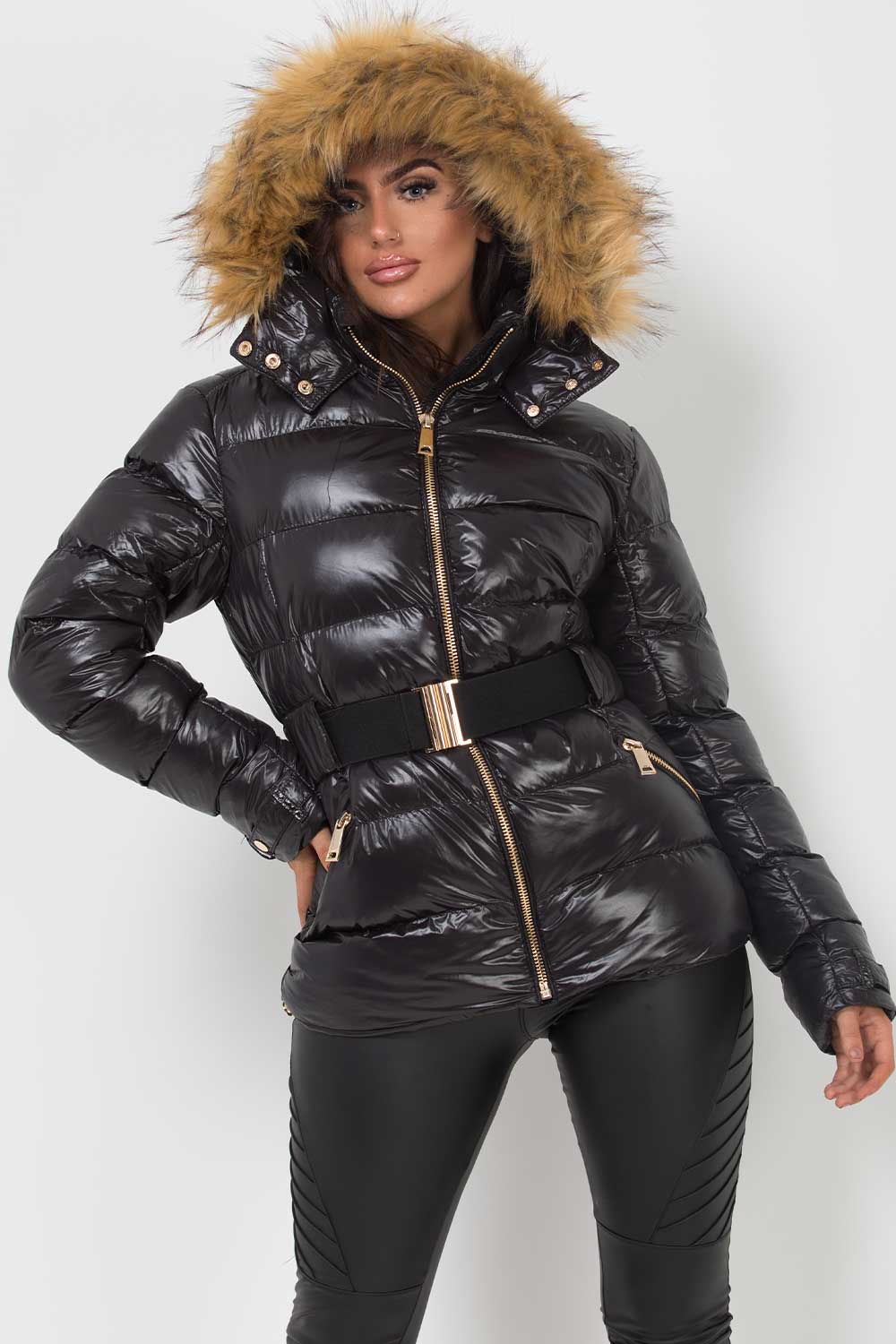 faux fur hood padded puffer shiny jacket black