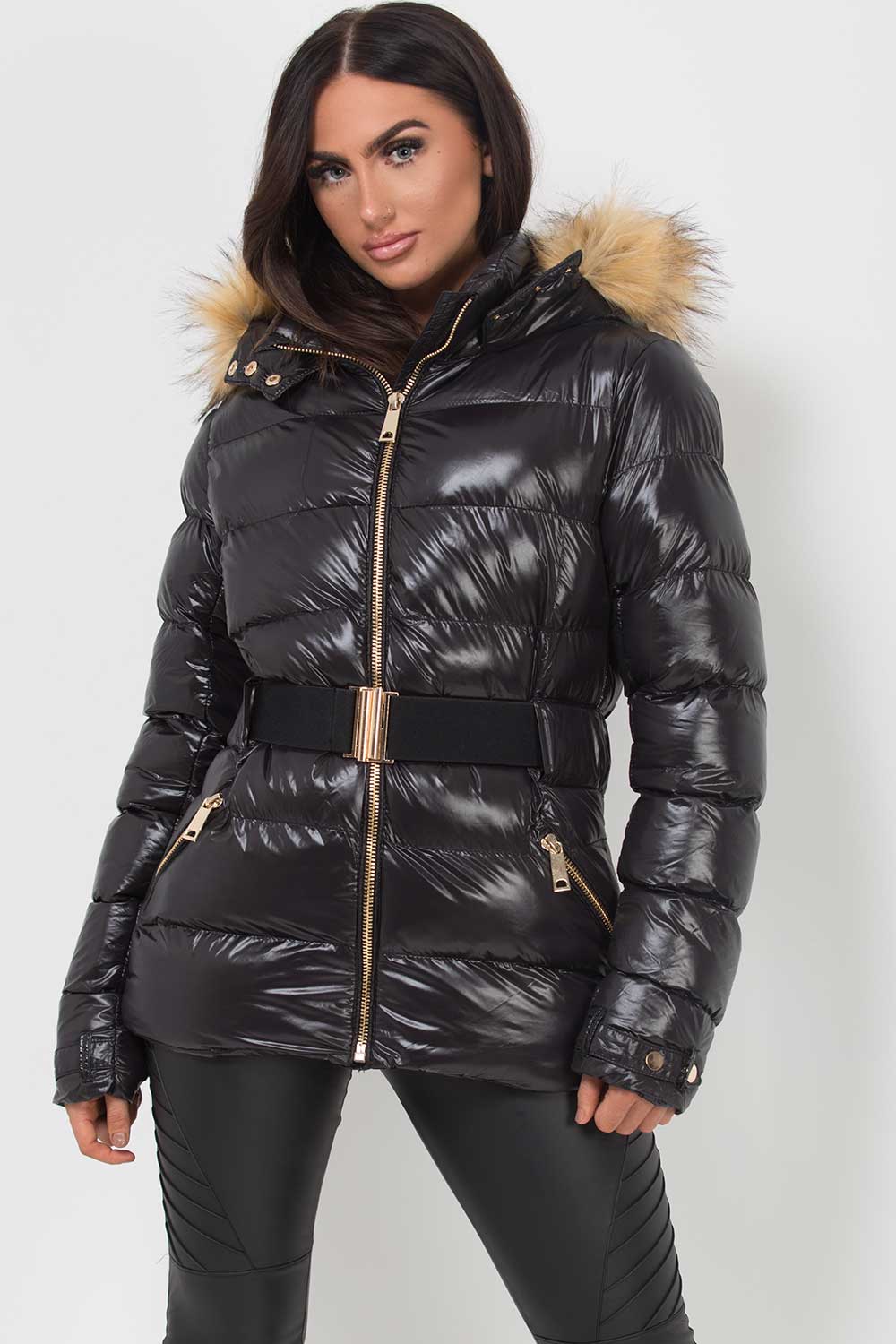 shiny puffer jacket with fur hood black