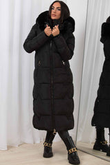 long down coat with faux fur hood black