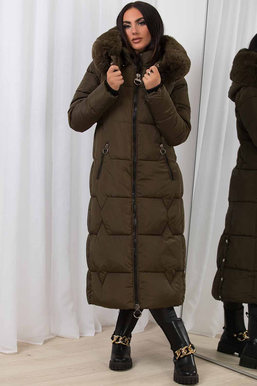 faux fur hooded longline puffer padded coat womens