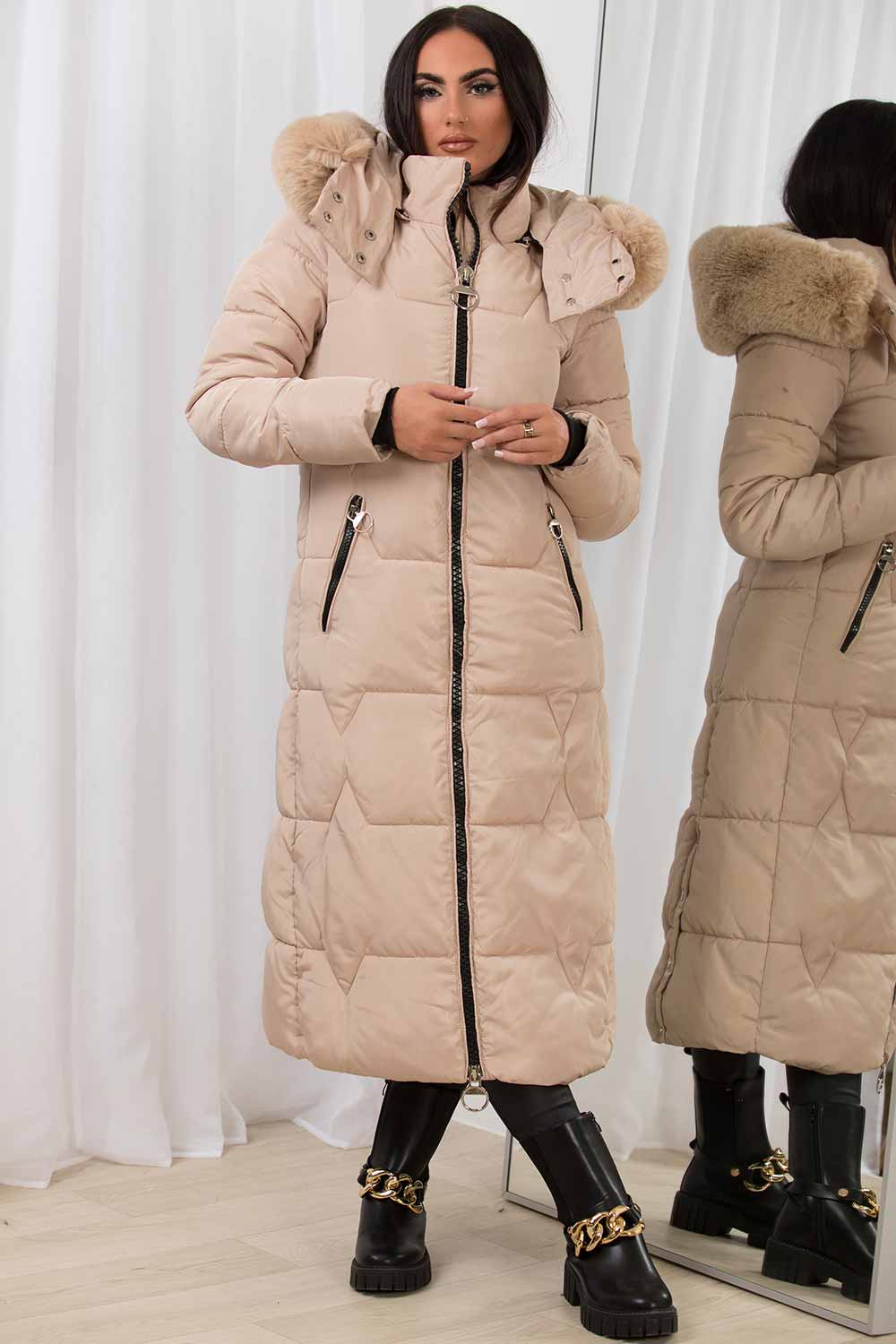 womens long puffer padded down coat with faux fur hood