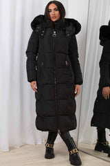 black long down coat with faux fur hood