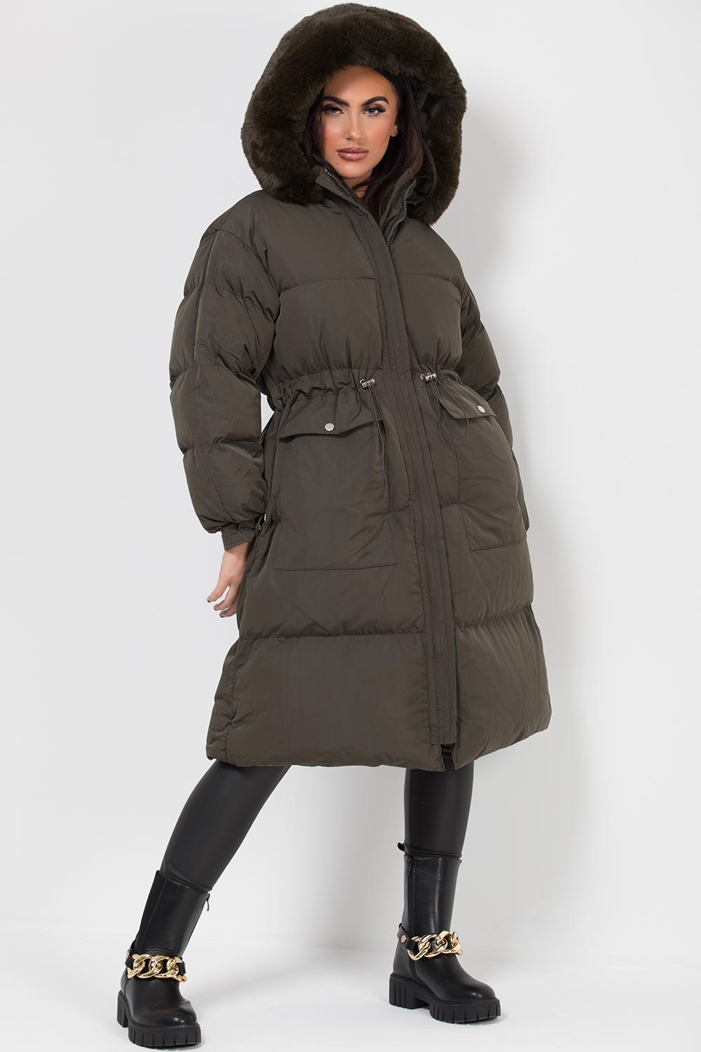 long puffer coat with faux fur hood khaki