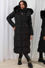 long padded puffer coat with faux fur hood