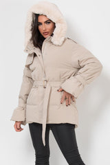 beige puffer padded jacket with fur hood