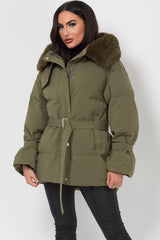 puffer padded coat with fur hood khaki