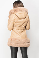 beige faux fur hooded faux leather jacket 