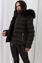 Black Puffer Padded Jacket With Faux Fur Hood