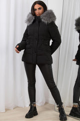 big faux fur hooded puffer padded jacket with belt uk sale