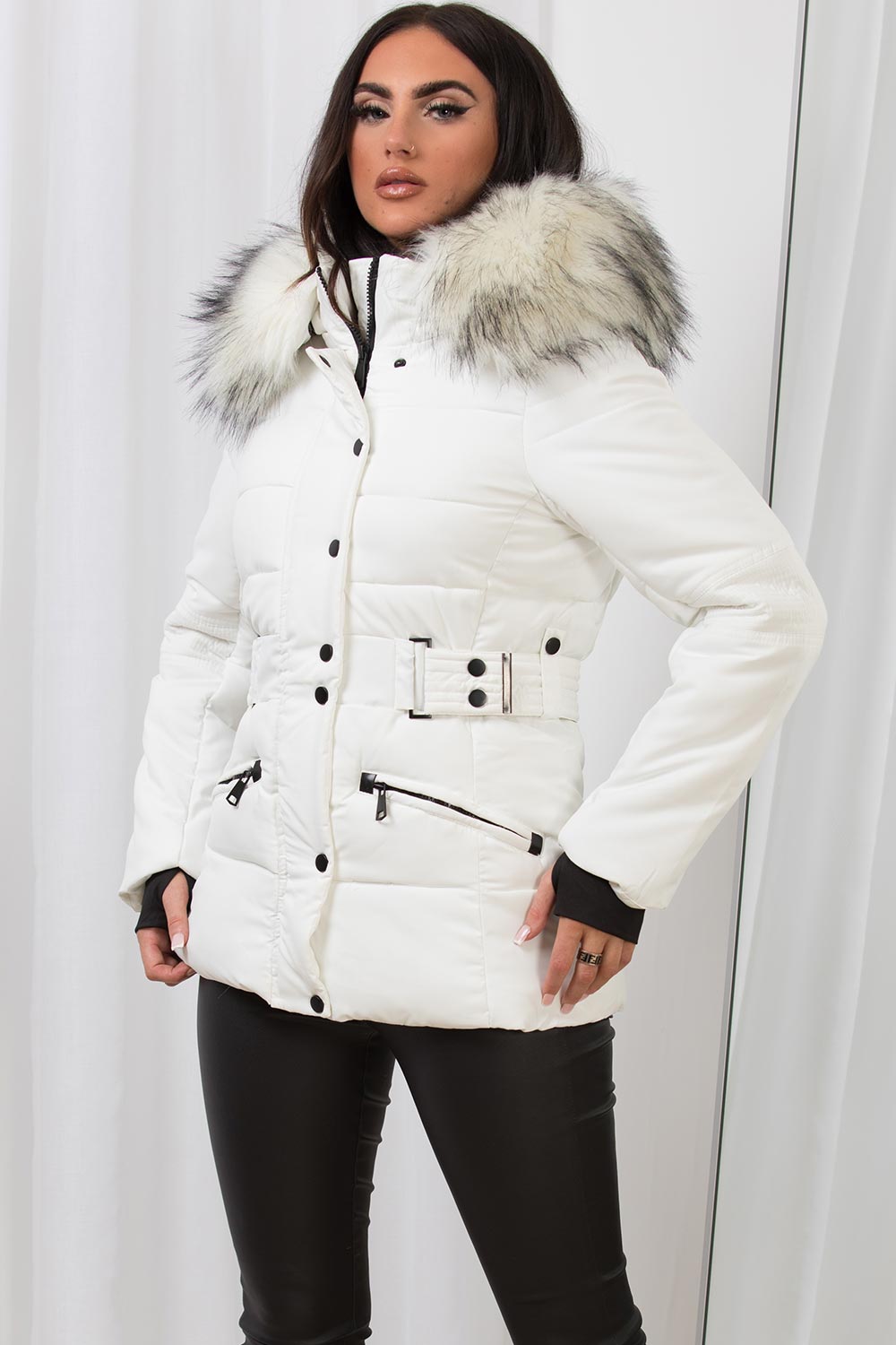 white faux fur hooded puffer jacket with belt womens