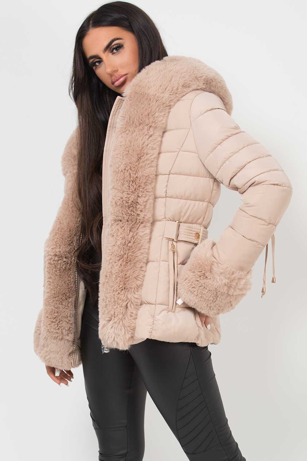 puffer padded hooded coat with faux fur hood and trim