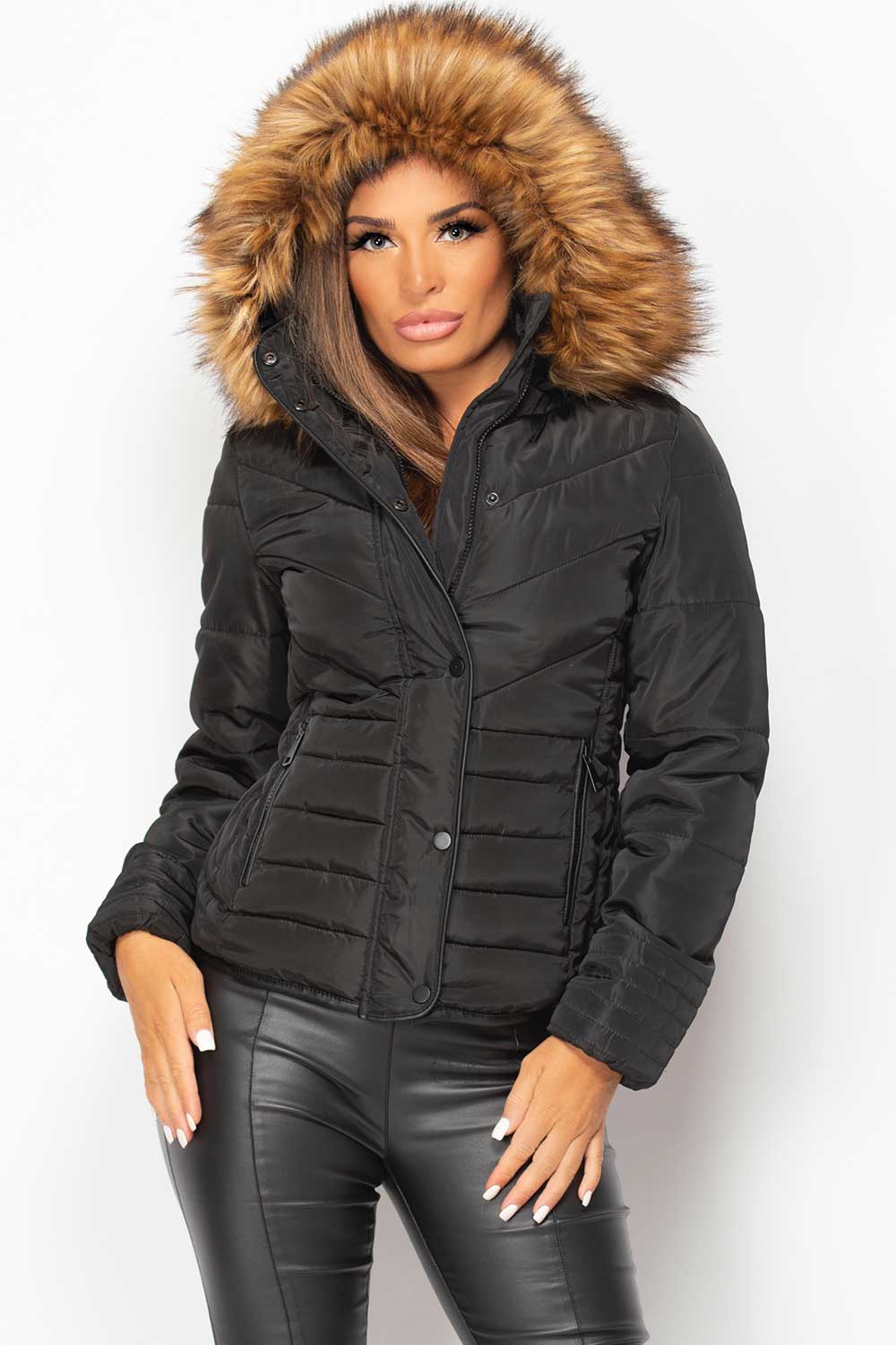 Womens Black Quilted Puffer Coat With Big Faux Fur Hood – Styledup.co.uk