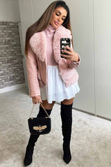 pink faux leather belted jacket with faux fur collar 