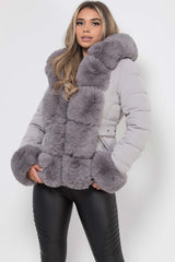 grey faux fur hood and cuff puffer jacket womens