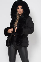 faux fur hood and cuff puffer coat black